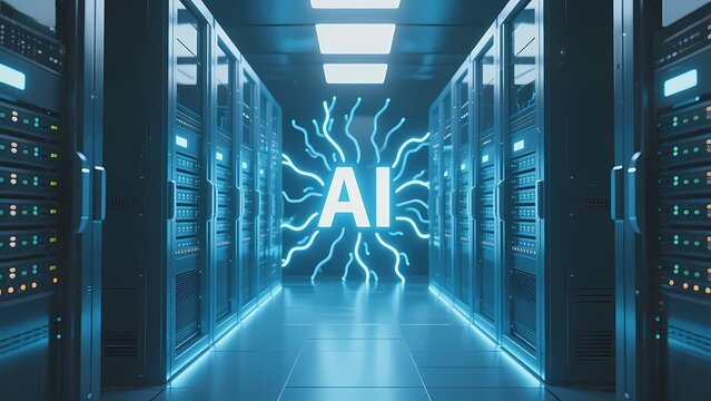 Server room with AI lightning effect in the center, illuminated by blue lights