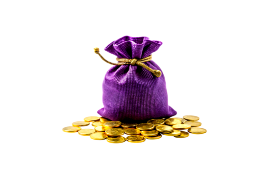 Purple bag with gold coins isolated on transparent background, wealth concept