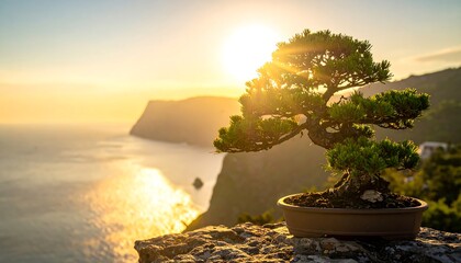 Bonsai at sunset over the sea