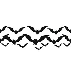 A seamless horizontal border of black flying bat silhouettes for a spooky Halloween theme.