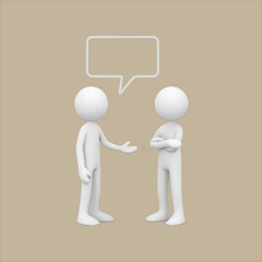 two wooden figurines facing each other with two yellow speech bubbles symbolizing dialogue communication and interaction on a neutral background