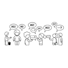 A simple black and white line drawing of cartoon people greeting each other with Hi speech bubbles.