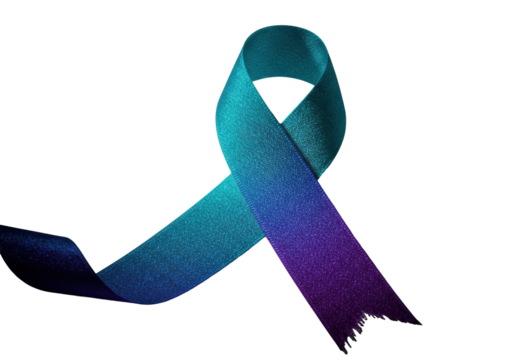 Luxurious awareness ribbon, teal to purple gradient, intricate woven, iridescent, frayed, macro shot, chiaroscuro on transparent, luxury fabric concept