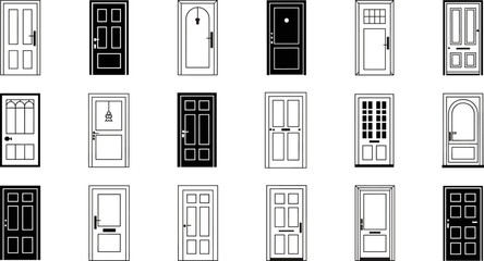 Array of Doors: An organized array of various door styles showcases a diverse selection of entryways, highlighting design elements and architectural features for interior and exterior applications.