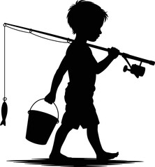 Silhouette of the Young Fisherman: A charming silhouette portrays a young boy setting out on a fishing trip, evoking the spirit of childhood adventure and the joy of outdoor pursuits.
