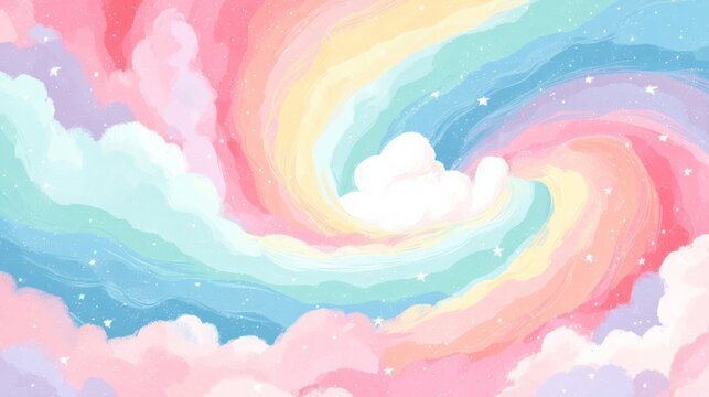 A dreamy sky with swirling pastel colors blends pink, blue, green, purple, yellow,