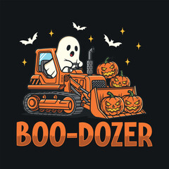 Funny Halloween Ghost T-Shirt Design – Boo Dozer with Pumpkins and Bulldozer © Styrine