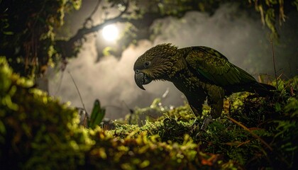 Kakapo Parrot Walking Through Mossy New Zealand Forest at Night