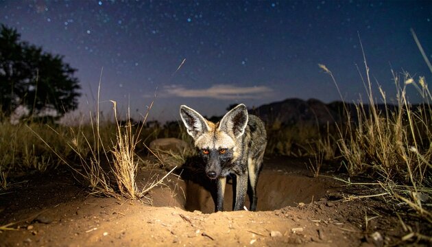Aardwolf Emerging from Burrow in Savanna Night Backlighting