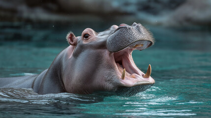 Fototapeta premium Hippo swims in water, displaying strong jaws and vibrant features during the daylight