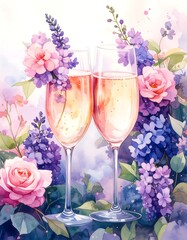 Champagne flutes, flowers, celebratory
