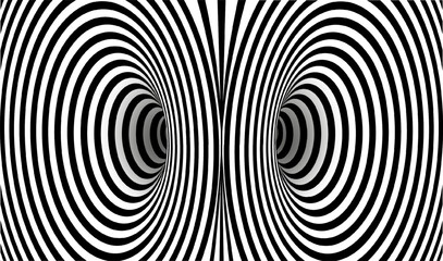 Op Art Abstract hypnotic distorted lines background. Black and white tunnel wallpaper. Psychedelic twisted stripes pattern. Horizontal template for posters, banners, cover. Vector optical illusion