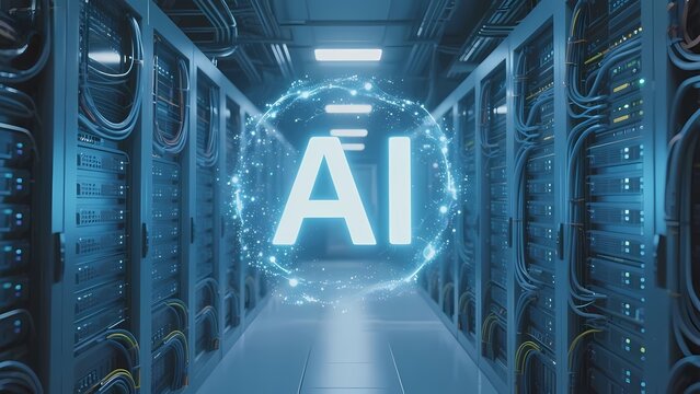 Artificial intelligence symbol glowing in a futuristic server room with rows of data centers and network cables