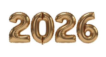 Reflective golden balloons displaying "2026." Ideal for luxury, celebration, and festive graphics in any digital project.