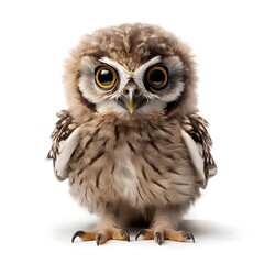 Naklejka premium Wise and Wonderful Owl: A close-up, eye-level perspective captures the endearing charm of a young owl, its large, expressive eyes and fluffy feathers showcasing nature's delightful design. 
