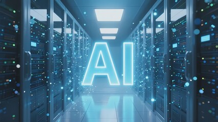 Artificial intelligence symbol displayed in a futuristic data center corridor with glowing server racks and digital particles.