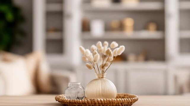 Still life vases with bunny tails on woven tray, soft background