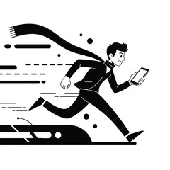 Fototapeta premium Dynamic black and white illustration of a businessman running fast with a smartphone and a long flowing scarf.
