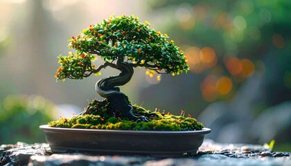Bonsai tree in a pot, bathed in morning light (1)