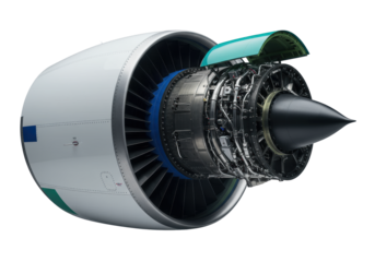 An ultra-detailed macro of a transparent airplane engine cowling with blue and green accents, section opened revealing polished internal mechanics, on transparent, cinematic lighting, concept of