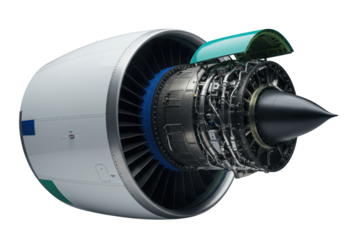 An ultra-detailed macro of a transparent airplane engine cowling with blue and green accents, section opened revealing polished internal mechanics, on transparent, cinematic lighting, concept of