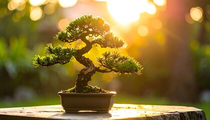 Bonsai tree bathed in golden sunlight