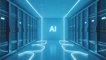 A futuristic server room with glowing AI signage and illuminated pathways
