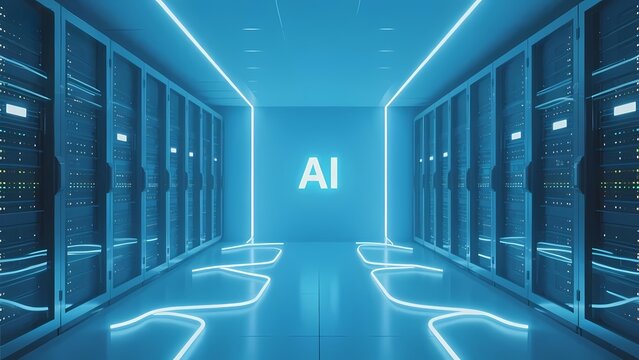 A futuristic server room with glowing AI signage and illuminated pathways - Powered by Adobe