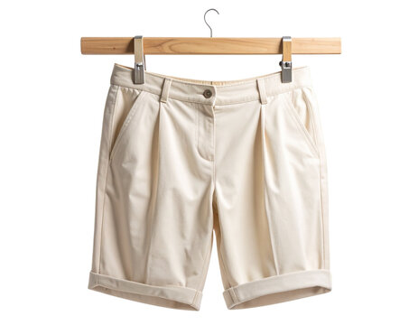  Side Angle of Cream Folded Pants on Wooden Hanger with Leafy Green Backdrop, Isolated PNG