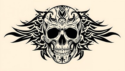 Fototapeta premium Black Skull with Ornate Tribal Style Design on Light Background