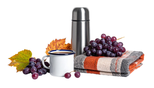 Metal thermos, mug, grapes and autumn leaves on checkered blanket with transparent background