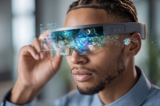 Person using advanced augmented reality glasses with holographic interface