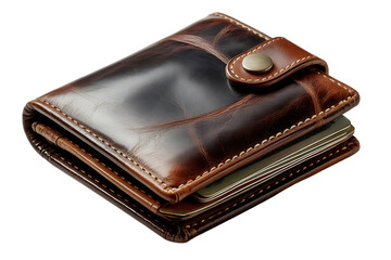Brown leather wallet with cards isolated on transparent background, closeup shot
