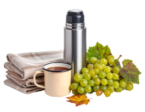Thermos, mug, blanket, and grapes composing a relaxing autumn picnic on transparent background