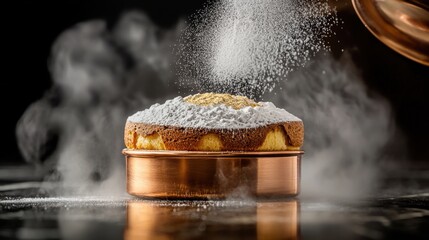 Nutmeg sprinkle dusting risen vanilla soufflé in copper ramekin premium restaurant dessert professional culinary photography atmospheric presentation