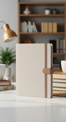 Blank 3D Notebook Mockup on Creative Desk with Productivity Background