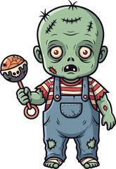 Cute zombie baby holding lollipop, Halloween cartoon character, spooky infant, vector illustration with stitches and overalls