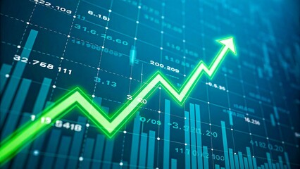 Green arrow rising on digital stock market growth chart background
