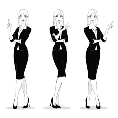 Set of a confident businesswoman in a black suit illustrated in three different dynamic poses.