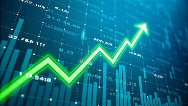 Green arrow rising on digital stock market growth chart background
