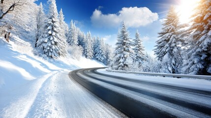 Obraz premium A serene winter landscape with a winding road through snow-covered terrain, tall pine trees,
