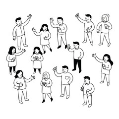Naklejka premium Set of diverse doodle characters men and women waving hello in a simple black and white line art style.