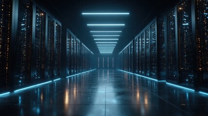 Obraz premium Futuristic Data Center Corridor with Glowing Blue Neon Lights and Server Racks