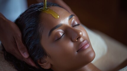 Relaxing spa treatment with a woman receiving an Ayurvedic head massage with oil, promoting wellness and serenity. A soothing experience.
