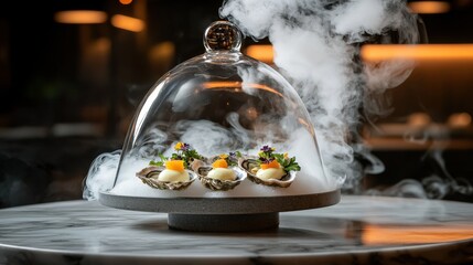 Premium oyster presentation under glass cloche with dramatic smoke effects and colorful garnishes in fine dining restaurant atmosphere