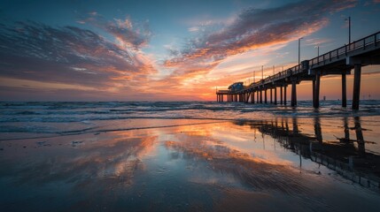 Fototapeta premium Galveston Beach Sunrise with Pier, Reflecting Texas Beauty