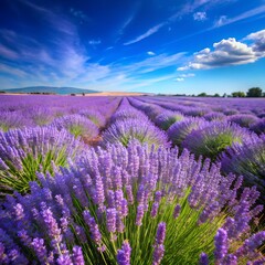 Obraz premium Lavender field under a blue sky with white clouds on a sunny day