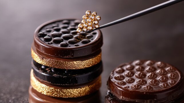 Chocolate deconstruction arrangement featuring layered desserts with bubble textured surfaces and golden spherical garnish applied with precision tweezers