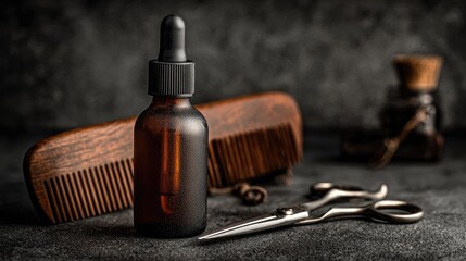 Amber bottle, wooden comb, & shears on dark surface