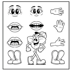 Vintage cartoon character creation kit with interchangeable eyes mouths hands and feet.